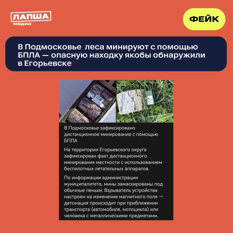 В Сети пишут об опасной находке в Подмосковье — якобы в Егорьевске обнаружили БПЛА с замаскированной под пеньки миной